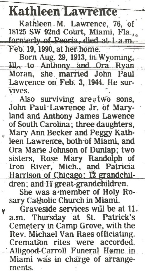Kathleen Moran Lawrenceobit PJS 02271990